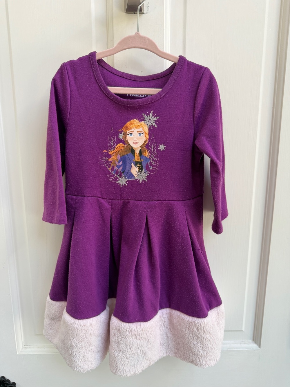 Disney Frozen II Girls 4 5 Purple Anna Graphic Long Sleeve Dress Faux-Fur Hem